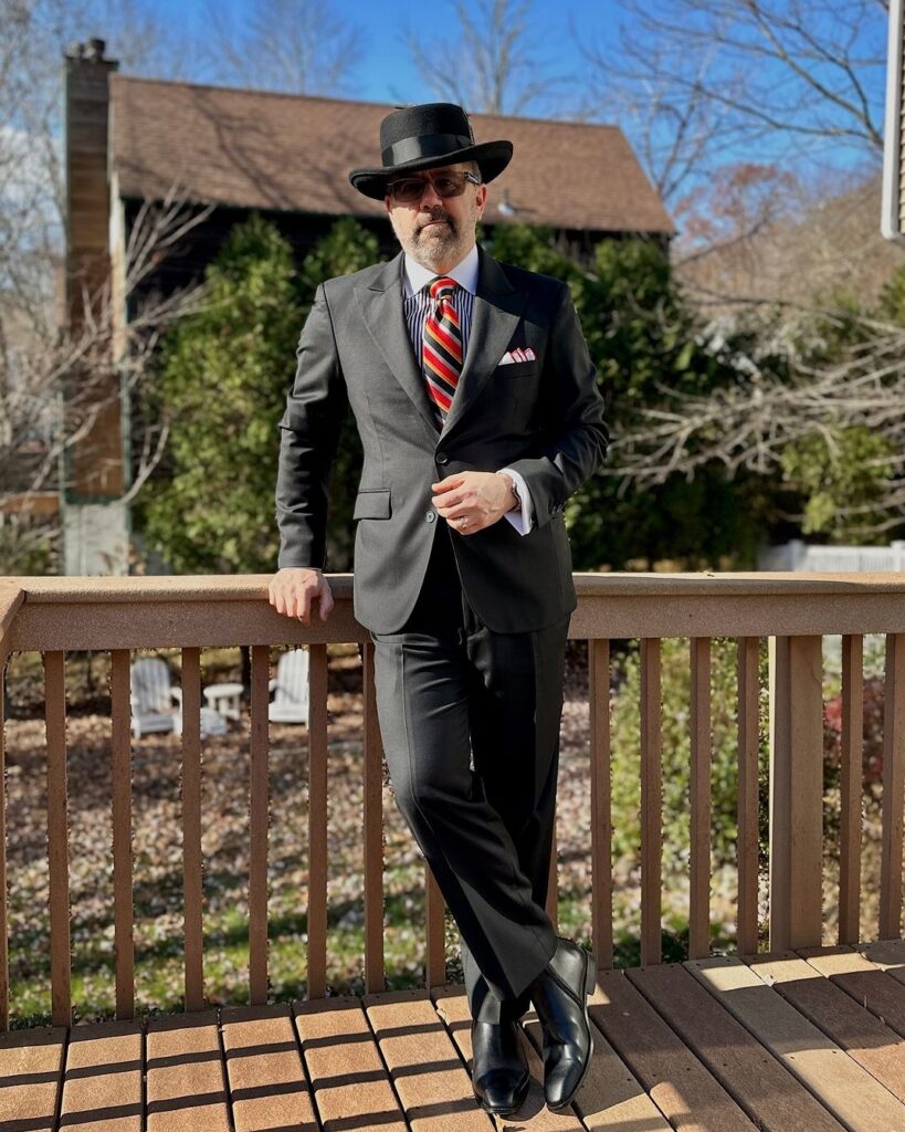 classic black suit with striped tie and bowler hat 2025 01 15 09 30 55