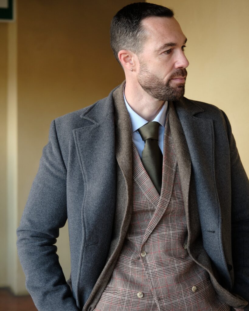 gray wool overcoat with plaid double breasted suit 2025 01 19 22 15 44